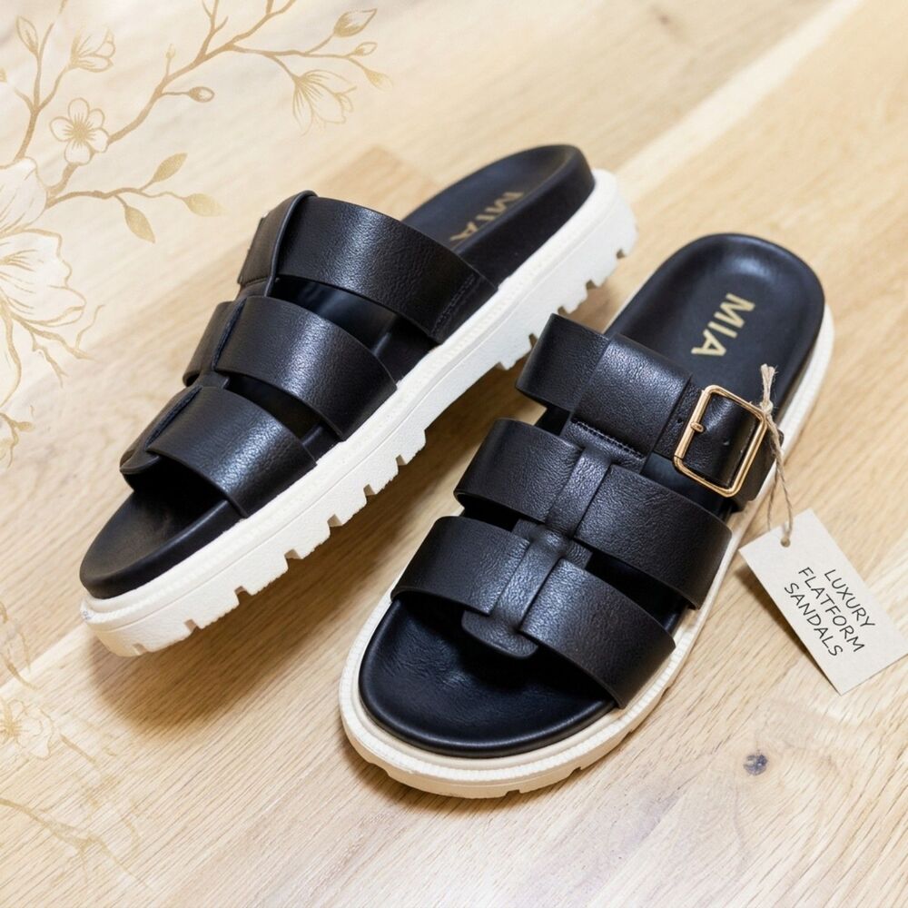 MIA Black Strappy Lug Sole Slide Sandals Size 8 Excellent Condition
